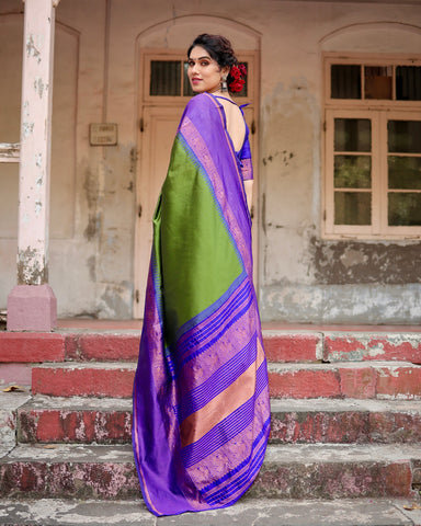 Parrot Green With Royal BLue Combination Pure Soft Semi Silk Saree With Attractive Blouse Piece