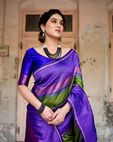 Parrot Green With Royal BLue Combination Pure Soft Semi Silk Saree With Attractive Blouse Piece