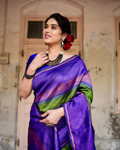 Parrot Green With Royal BLue Combination Pure Soft Semi Silk Saree With Attractive Blouse Piece