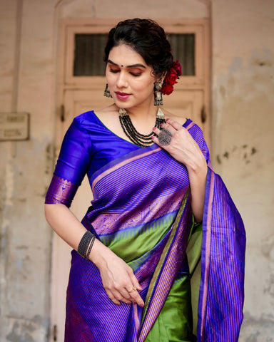 Parrot Green With Royal BLue Combination Pure Soft Semi Silk Saree With Attractive Blouse Piece