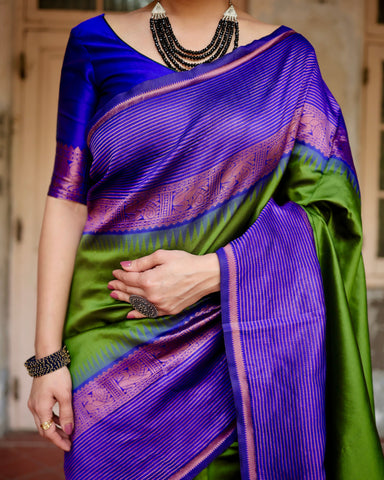 Parrot Green With Royal BLue Combination Pure Soft Semi Silk Saree With Attractive Blouse Piece