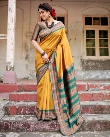 Pure Silk Saree Weaved With Zari Comes With Heavy Banarasi Brocade Blouse