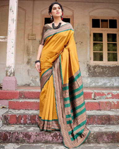 Pure Silk Saree Weaved With Zari Comes With Heavy Banarasi Brocade Blouse