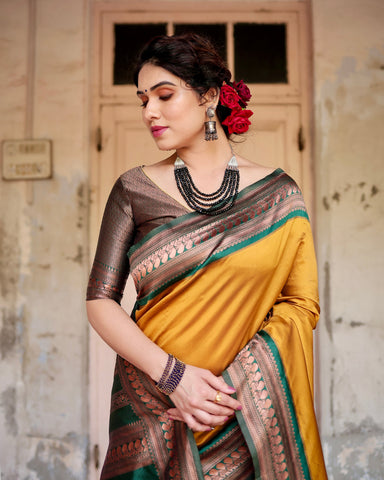 Pure Silk Saree Weaved With Zari Comes With Heavy Banarasi Brocade Blouse