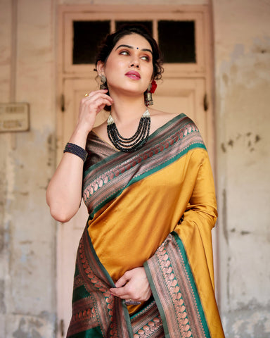 Pure Silk Saree Weaved With Zari Comes With Heavy Banarasi Brocade Blouse