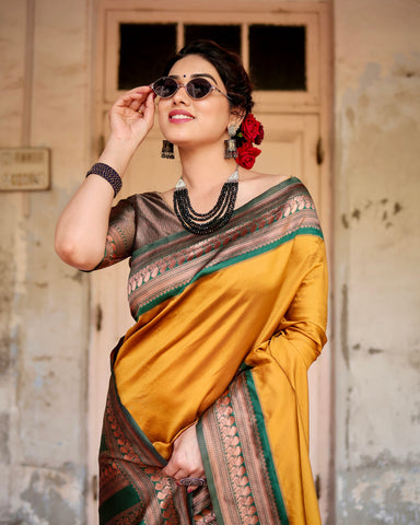 Pure Silk Saree Weaved With Zari Comes With Heavy Banarasi Brocade Blouse