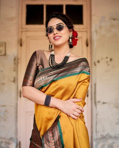 Pure Silk Saree Weaved With Zari Comes With Heavy Banarasi Brocade Blouse