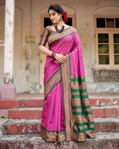 Pure Silk Saree Weaved With Zari Comes With Heavy Banarasi Brocade Blouse