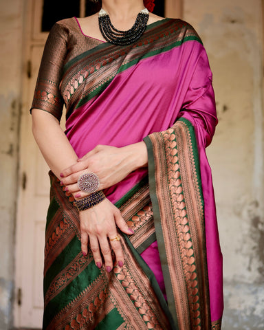 Pure Silk Saree Weaved With Zari Comes With Heavy Banarasi Brocade Blouse