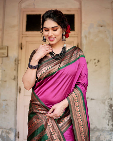 Pure Silk Saree Weaved With Zari Comes With Heavy Banarasi Brocade Blouse