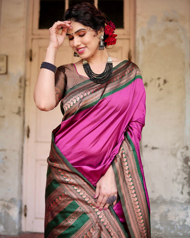 Pure Silk Saree Weaved With Zari Comes With Heavy Banarasi Brocade Blouse