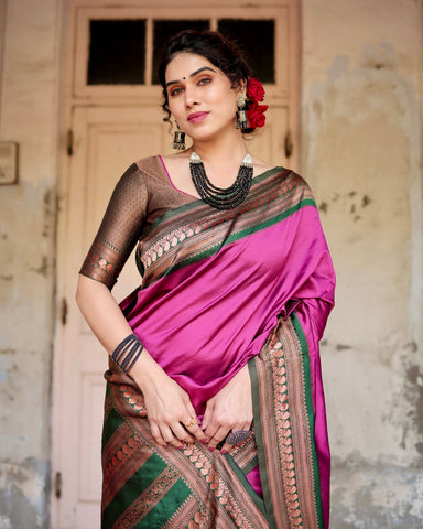 Pure Silk Saree Weaved With Zari Comes With Heavy Banarasi Brocade Blouse