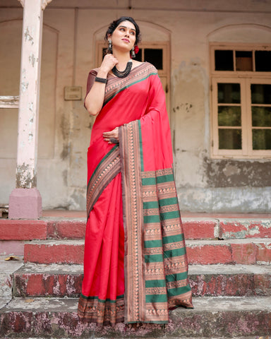 Pure Silk Saree Weaved With Zari Comes With Heavy Banarasi Brocade Blouse