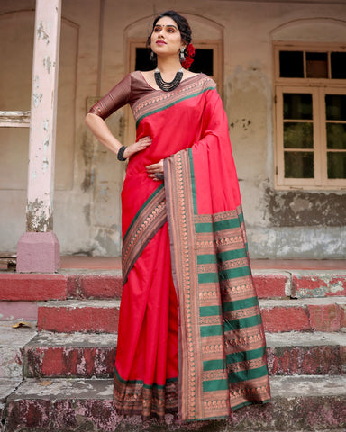 Pure Silk Saree Weaved With Zari Comes With Heavy Banarasi Brocade Blouse