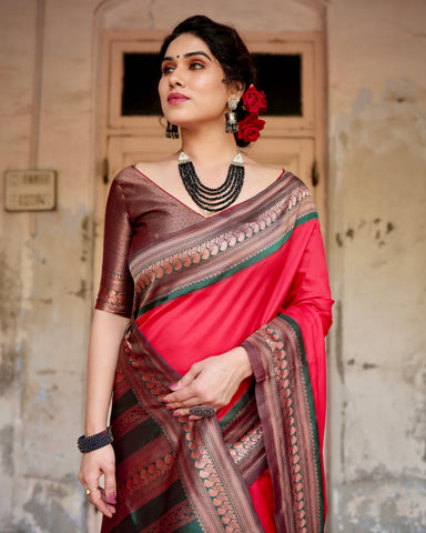 Pure Silk Saree Weaved With Zari Comes With Heavy Banarasi Brocade Blouse