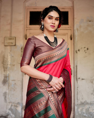 Pure Silk Saree Weaved With Zari Comes With Heavy Banarasi Brocade Blouse