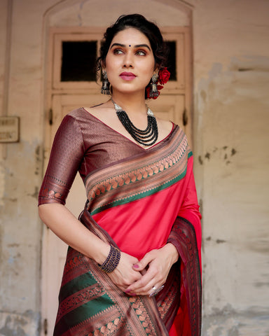 Pure Silk Saree Weaved With Zari Comes With Heavy Banarasi Brocade Blouse