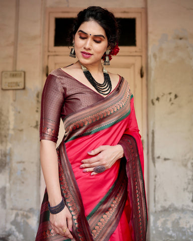 Pure Silk Saree Weaved With Zari Comes With Heavy Banarasi Brocade Blouse