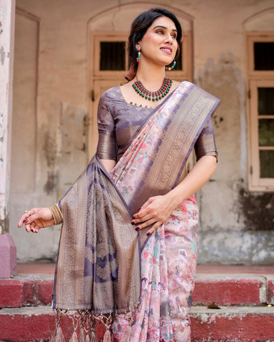 Pure Banarasi Silk Saree Weaved With Golden Zari Comes With Tassels