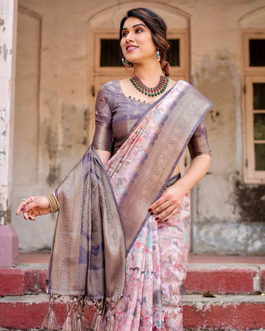 Pure Banarasi Silk Saree Weaved With Golden Zari Comes With Tassels