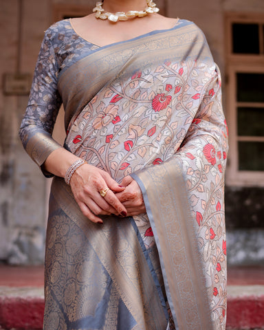 Pure Banarasi Silk Saree Weaved With Golden Zari Comes With Tassels