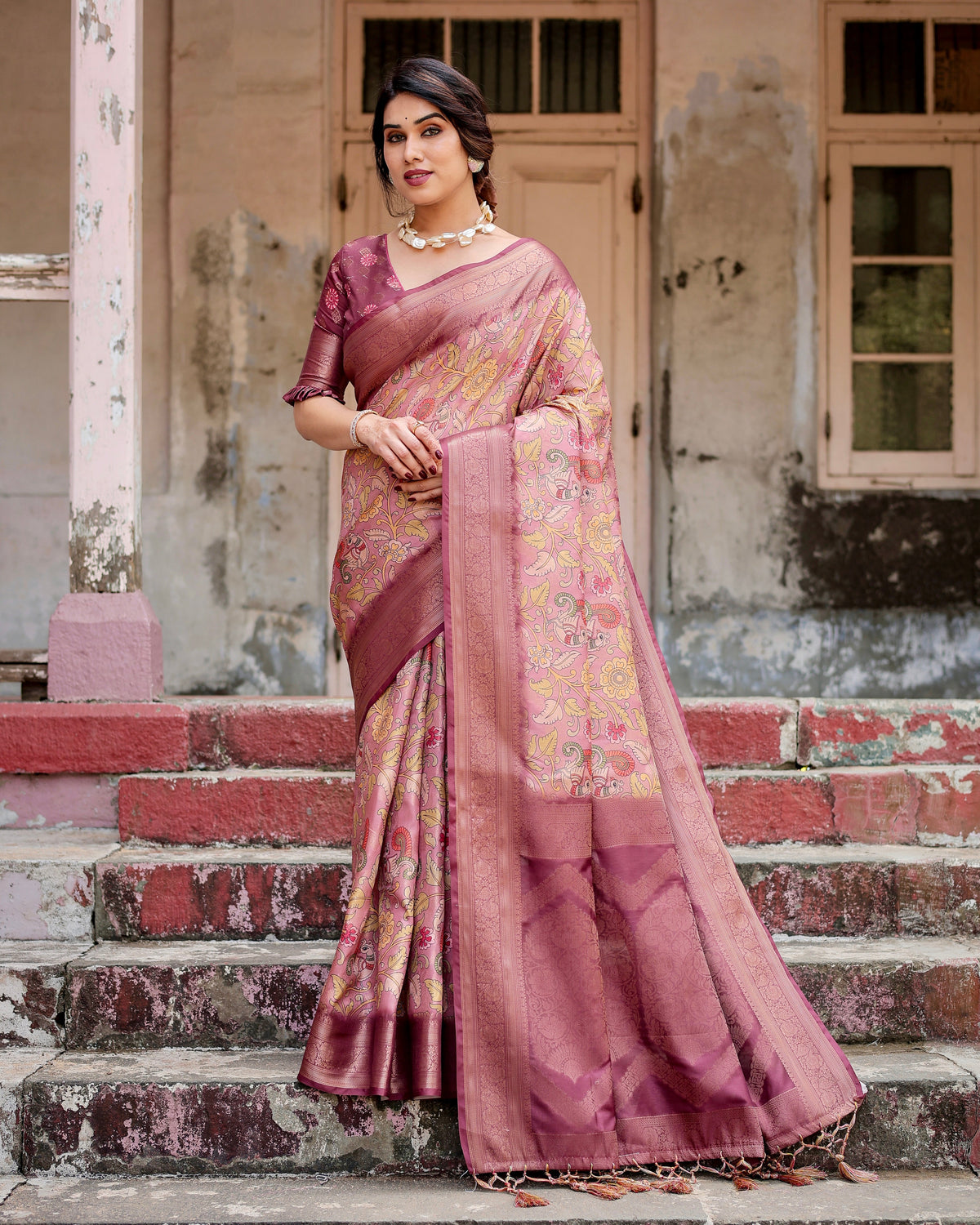 Pure Banarasi Silk Saree Weaved With Golden Zari Comes With Tassels