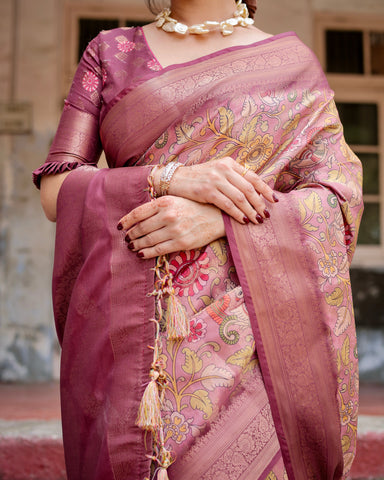 Pure Banarasi Silk Saree Weaved With Golden Zari Comes With Tassels