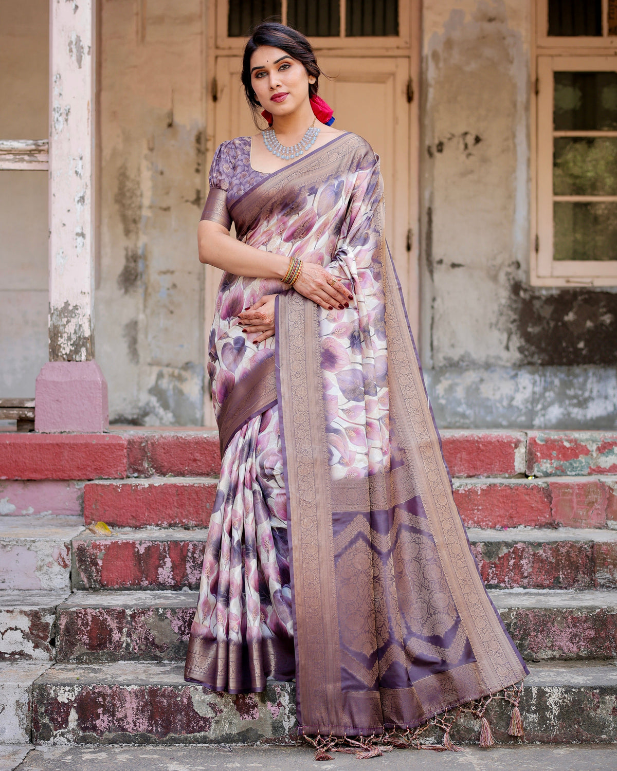 Pure Banarasi Silk Saree Weaved With Golden Zari Comes With Tassels