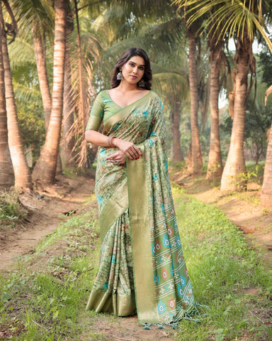 Pure Silk Digitally Printed Saree Weaved With Golden Zari Comes With Tassels