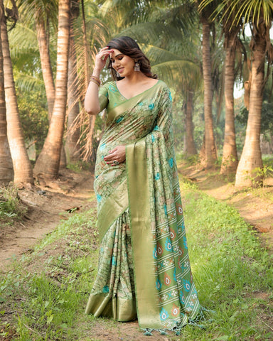 Pure Silk Digitally Printed Saree Weaved With Golden Zari Comes With Tassels