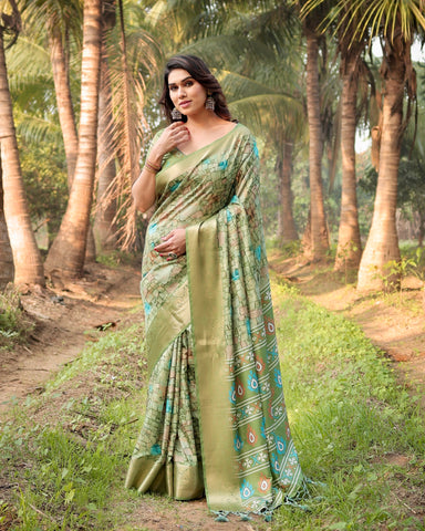 Pure Silk Digitally Printed Saree Weaved With Golden Zari Comes With Tassels