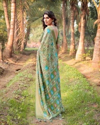 Pure Silk Digitally Printed Saree Weaved With Golden Zari Comes With Tassels