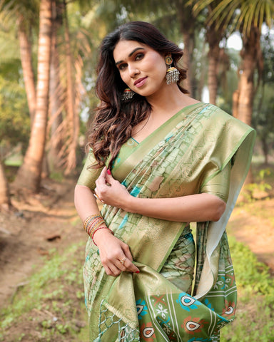 Pure Silk Digitally Printed Saree Weaved With Golden Zari Comes With Tassels