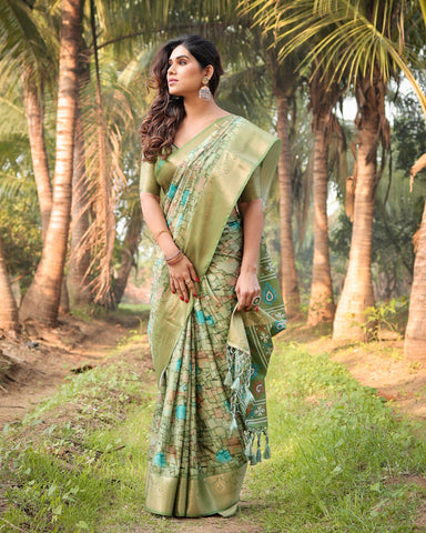 Pure Silk Digitally Printed Saree Weaved With Golden Zari Comes With Tassels