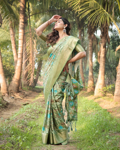 Pure Silk Digitally Printed Saree Weaved With Golden Zari Comes With Tassels