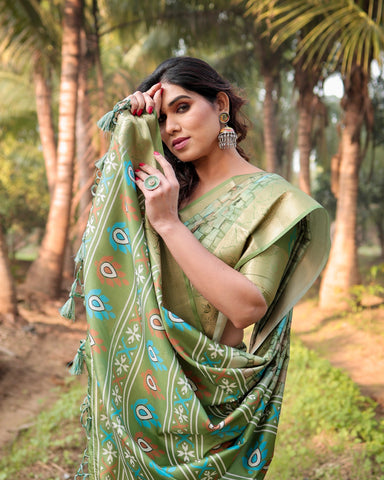 Pure Silk Digitally Printed Saree Weaved With Golden Zari Comes With Tassels