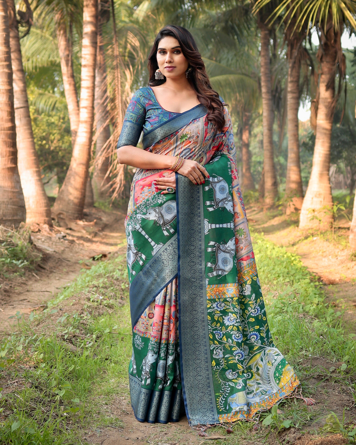 Pure Silk Digitally Printed Saree Weaved With Golden Zari Comes With Tassels