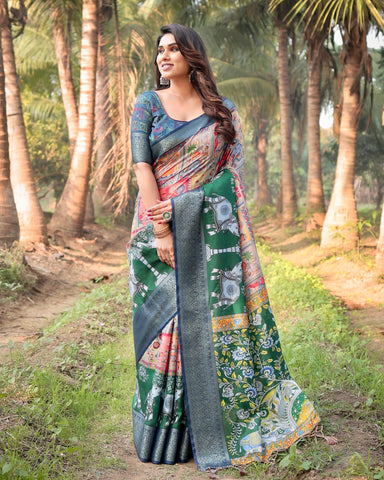 Pure Silk Digitally Printed Saree Weaved With Golden Zari Comes With Tassels