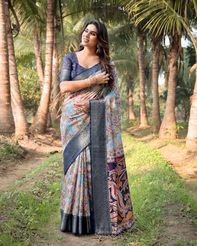 Pure Silk Digitally Printed Saree Weaved With Golden Zari Comes With Tassels