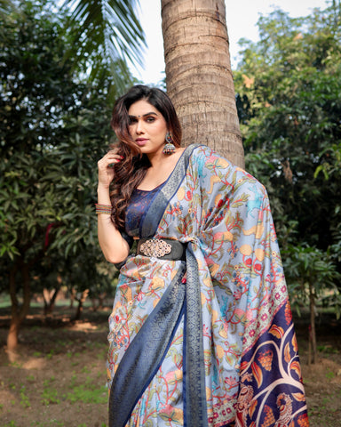 Pure Silk Digitally Printed Saree Weaved With Golden Zari Comes With Tassels