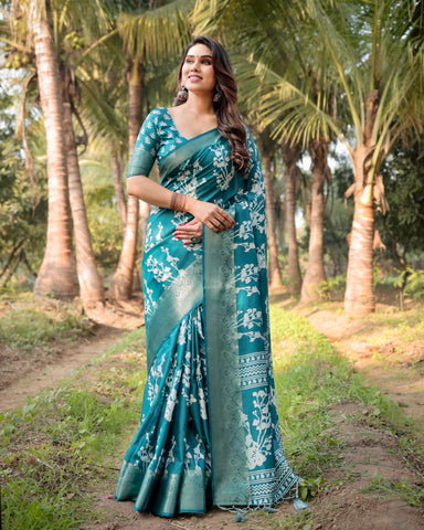 Pure Silk Digitally Printed Saree Weaved With Golden Zari Comes With Tassels