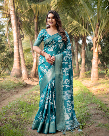 Pure Silk Digitally Printed Saree Weaved With Golden Zari Comes With Tassels