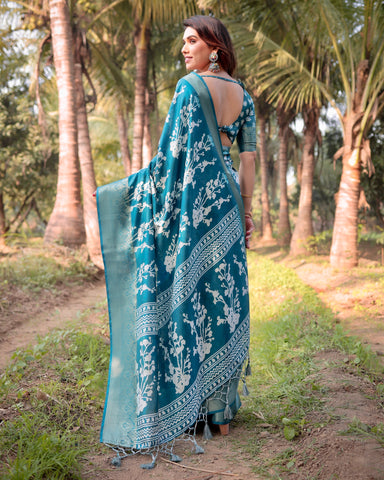 Pure Silk Digitally Printed Saree Weaved With Golden Zari Comes With Tassels