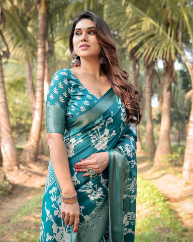 Pure Silk Digitally Printed Saree Weaved With Golden Zari Comes With Tassels