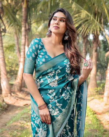 Pure Silk Digitally Printed Saree Weaved With Golden Zari Comes With Tassels