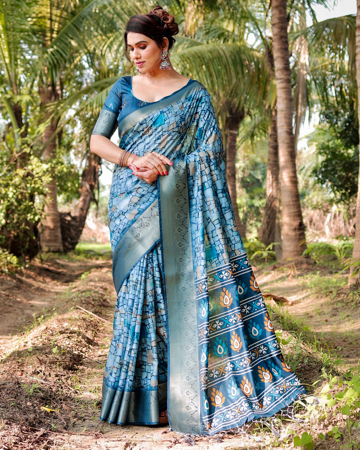 Pure Silk Digitally Printed Saree Weaved With Golden Zari Comes With Tassels