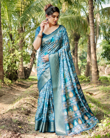 Pure Silk Digitally Printed Saree Weaved With Golden Zari Comes With Tassels