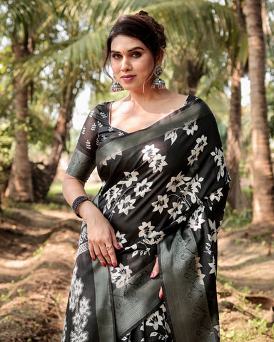 Pure Silk Digitally Printed Saree Weaved With Golden Zari Comes With Tassels