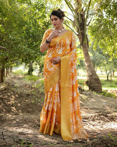 Pure Silk Digitally Printed Saree Weaved With Golden Zari Comes With Tassels