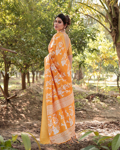 Pure Silk Digitally Printed Saree Weaved With Golden Zari Comes With Tassels